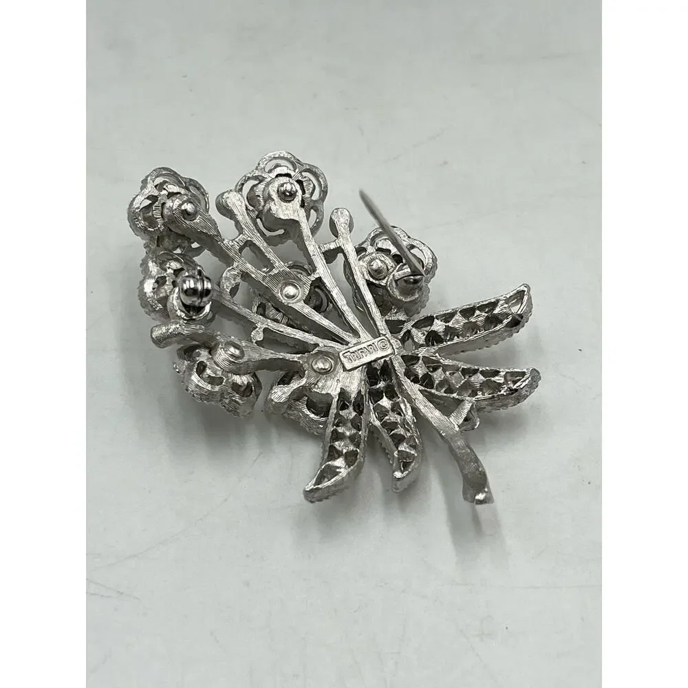 Crown Trifari Vintage Rhinestone Listed Plated‎ Mill Work Floral Bouquet Brooch